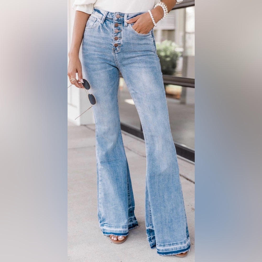 Umorger Blue High Waist Buttoned Distressed Flared Jeans